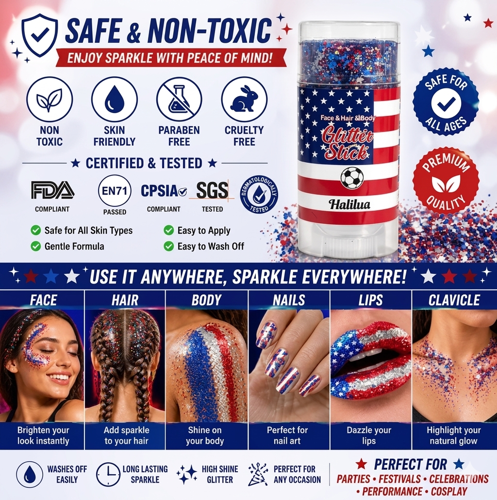 🏆 Halilua Patriotic Glitter Stick -🎉Red White & Blue Face & Body Paint for 4th of July, Game Day & Festivals - High Shine, Easy Apply & Washable🎁-LP