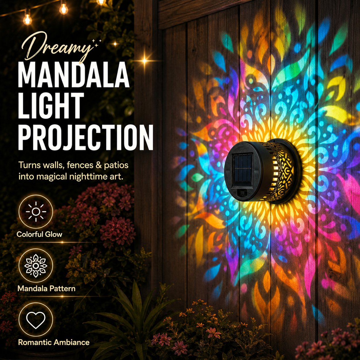 🔥Solar Mandala Projector🌈 Waterproof Outdoor Garden & Patio Light，Magical Patio Night Ambience-EQ
