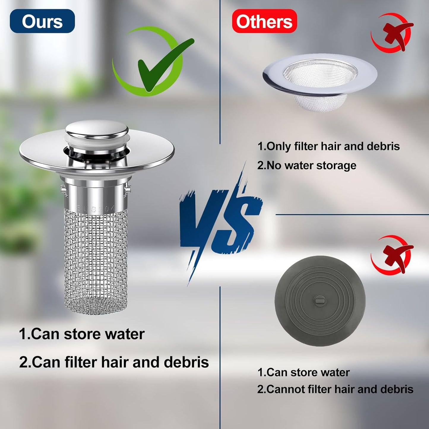Stainless Steel Bounce Core Sink Stopper, Anti-Odor Brass Pop Up Drain Plug, Universal Bathroom Bathtub Sink Strainer for Home Use-EV1