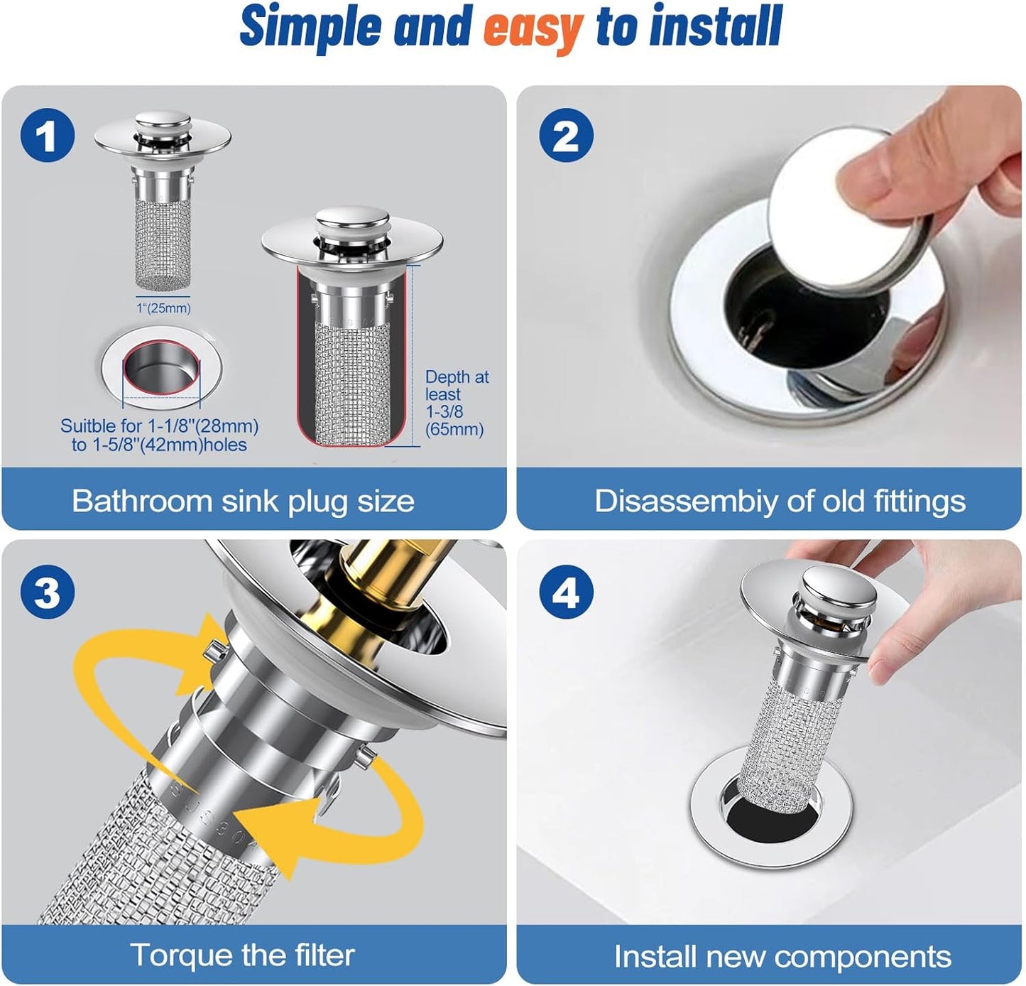 Stainless Steel Bounce Core Sink Stopper, Anti-Odor Brass Pop Up Drain Plug, Universal Bathroom Bathtub Sink Strainer for Home Use-EV1