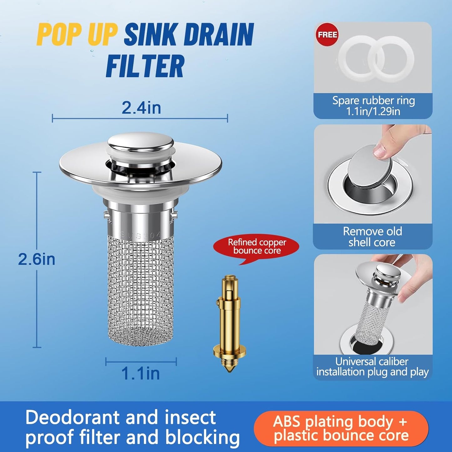Stainless Steel Bounce Core Sink Stopper, Anti-Odor Brass Pop Up Drain Plug, Universal Bathroom Bathtub Sink Strainer for Home Use-EV1