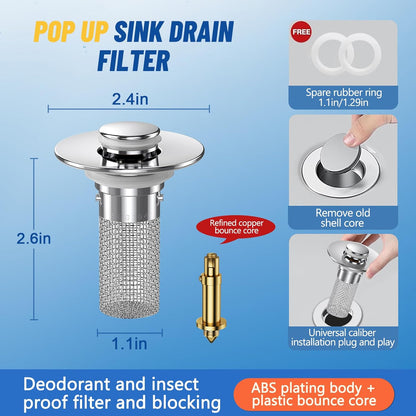 Stainless Steel Bounce Core Sink Stopper, Anti-Odor Brass Pop Up Drain Plug, Universal Bathroom Bathtub Sink Strainer for Home Use-EV1
