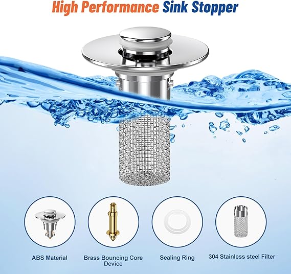 Stainless Steel Bounce Core Sink Stopper, Anti-Odor Brass Pop Up Drain Plug, Universal Bathroom Bathtub Sink Strainer for Home Use-EV1