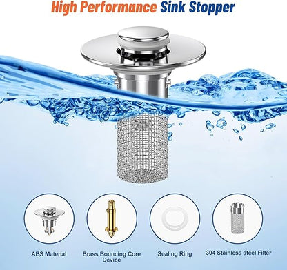 Stainless Steel Bounce Core Sink Stopper, Anti-Odor Brass Pop Up Drain Plug, Universal Bathroom Bathtub Sink Strainer for Home Use-EV1