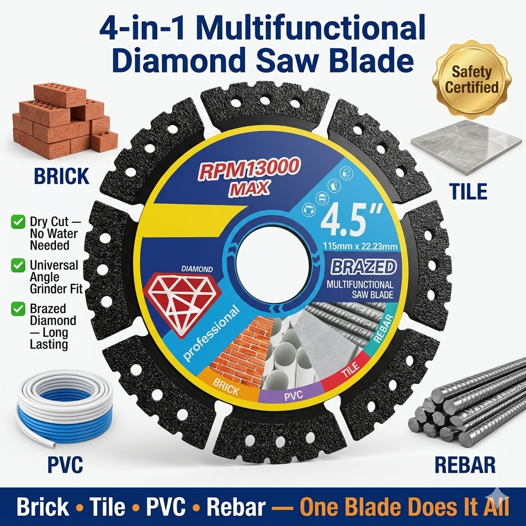 🛠️ Professional 4-in-1 Diamond Saw Blade — Dry Cut Brazed Cutting Disc for Brick, Tile, PVC & Rebar | Universal Grinder Fit-&F