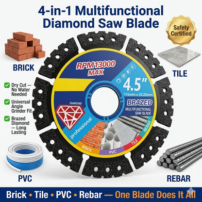 🛠️ Professional 4-in-1 Diamond Saw Blade — Dry Cut Brazed Cutting Disc for Brick, Tile, PVC & Rebar | Universal Grinder Fit-&F