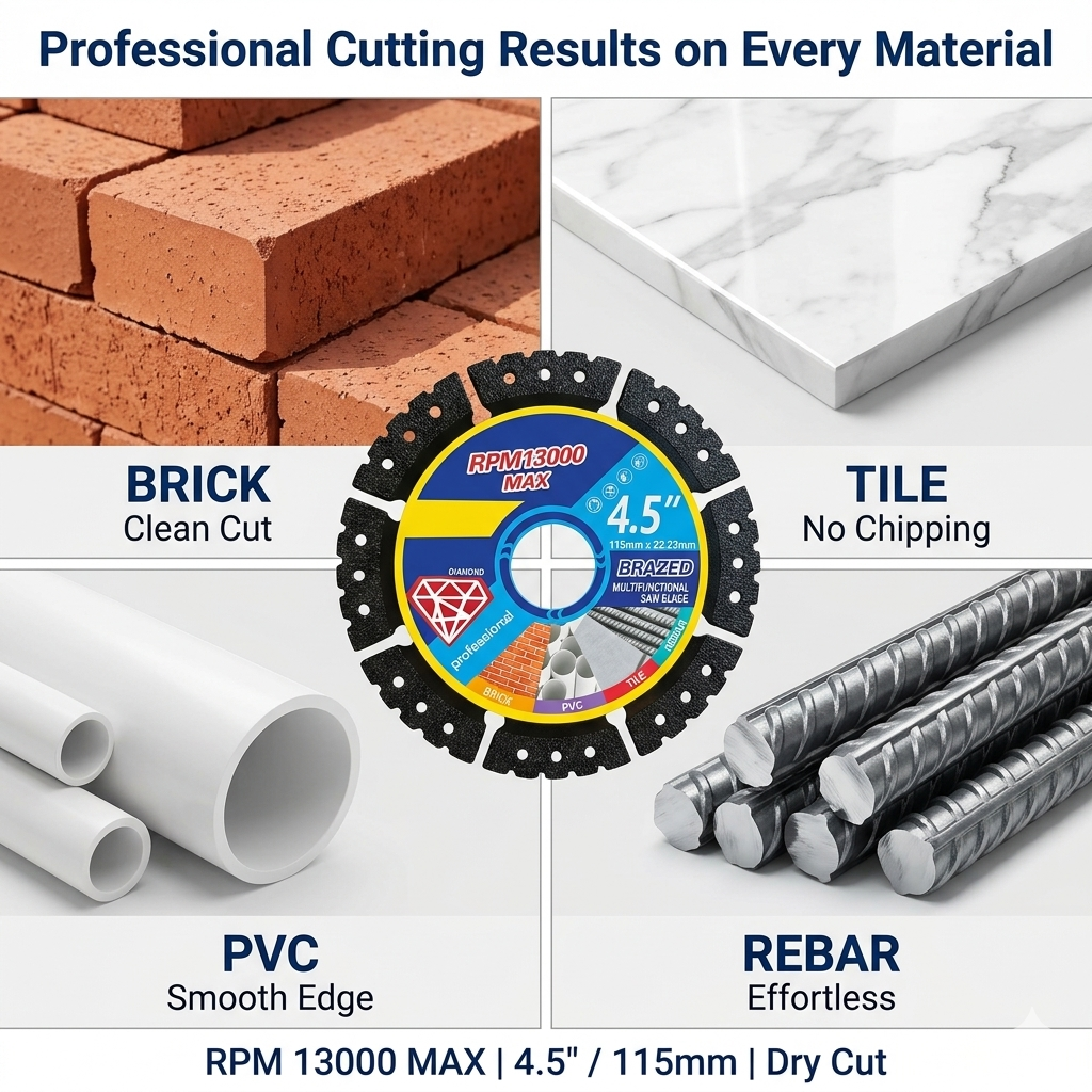 🛠️ Professional 4-in-1 Diamond Saw Blade — Dry Cut Brazed Cutting Disc for Brick, Tile, PVC & Rebar | Universal Grinder Fit-&F