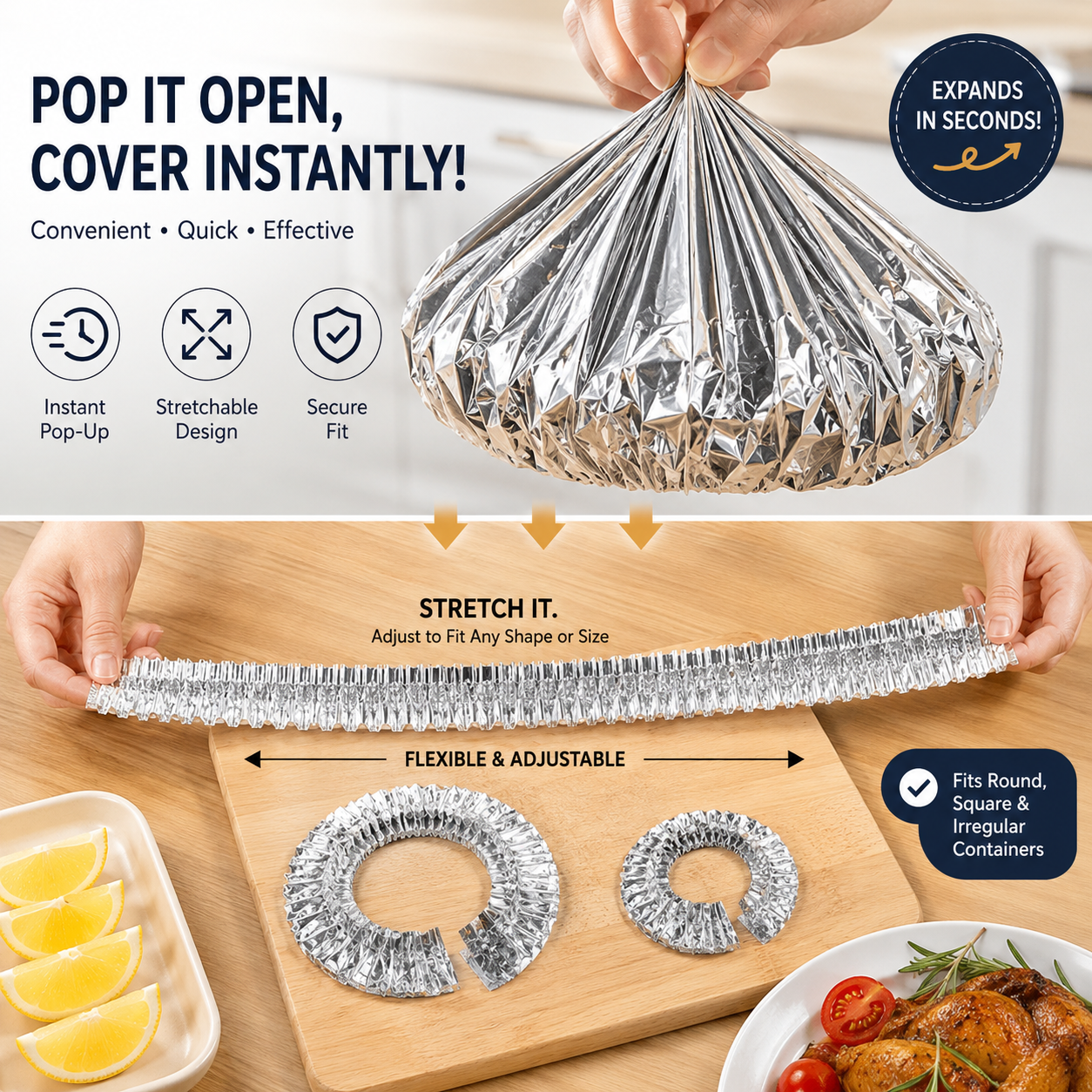 ✨ The 2026 Hot Sale🌸Food-Grade Universal Stretch-Fit Aluminum Food Cover|Reusable Thermal-EV