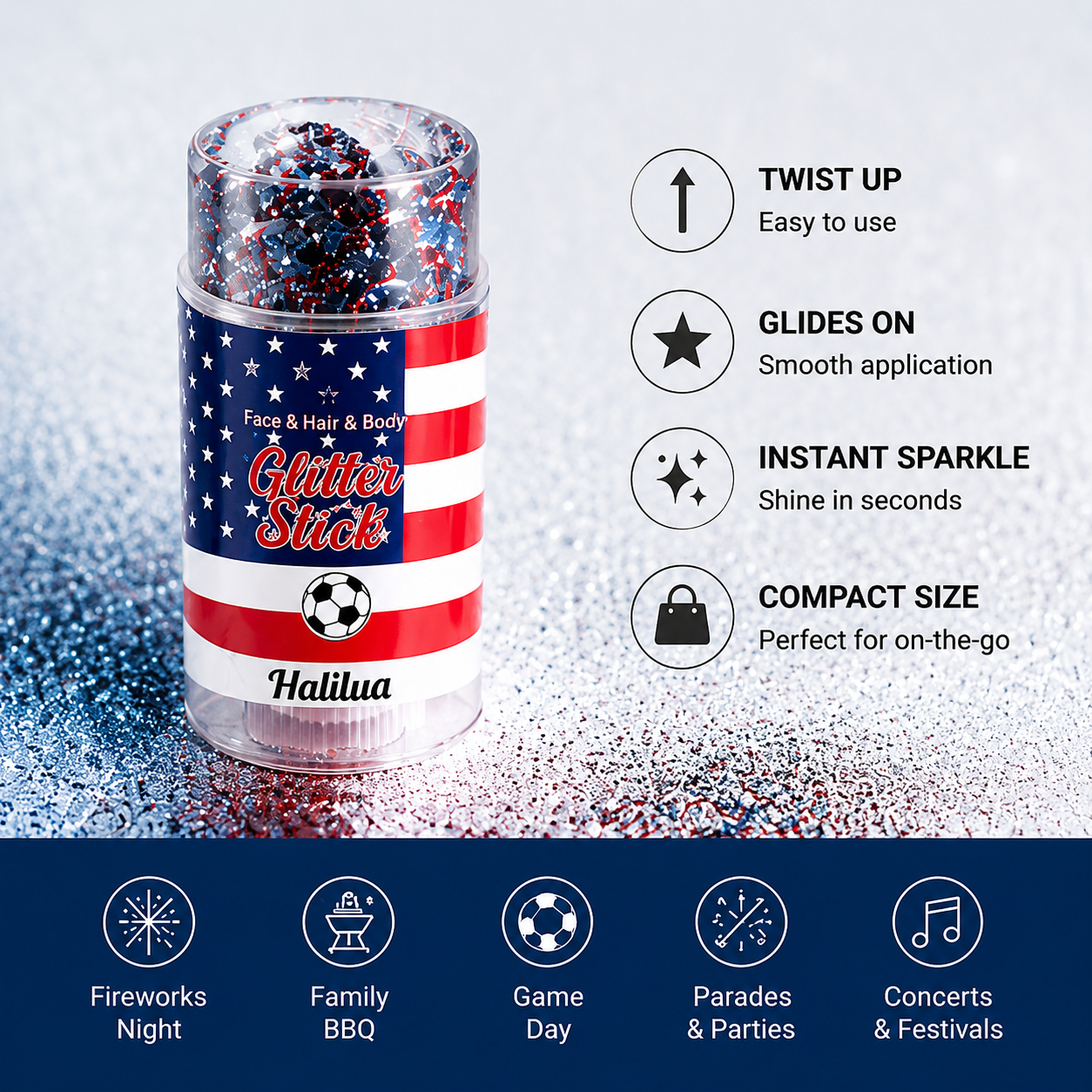 🏆 Halilua™ 4th of July Face & Body Glitter Stick – 🎉Sparkle Instantly for Parties, Fireworks, BBQs & Holiday Celebrations-LP