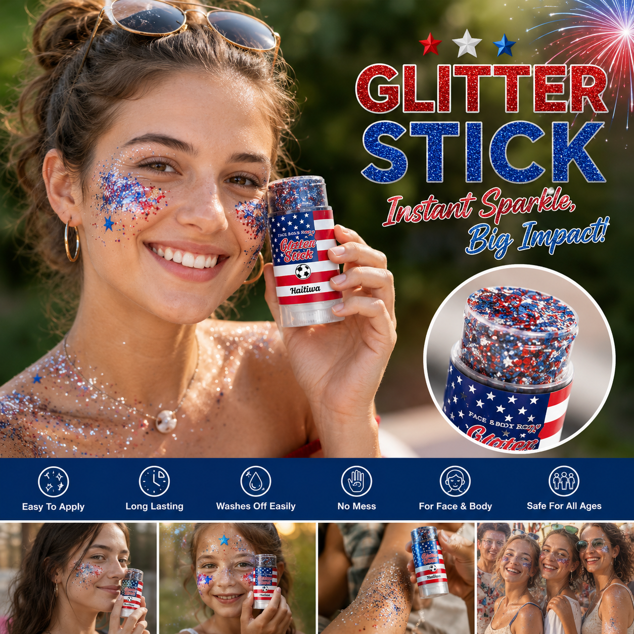 🏆 Halilua™ 4th of July Face & Body Glitter Stick – 🎉Sparkle Instantly for Parties, Fireworks, BBQs & Holiday Celebrations-LP