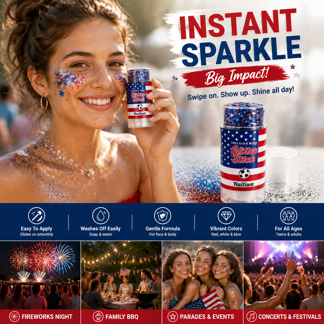 🏆 Halilua™ 4th of July Face & Body Glitter Stick – 🎉Sparkle Instantly for Parties, Fireworks, BBQs & Holiday Celebrations-LP