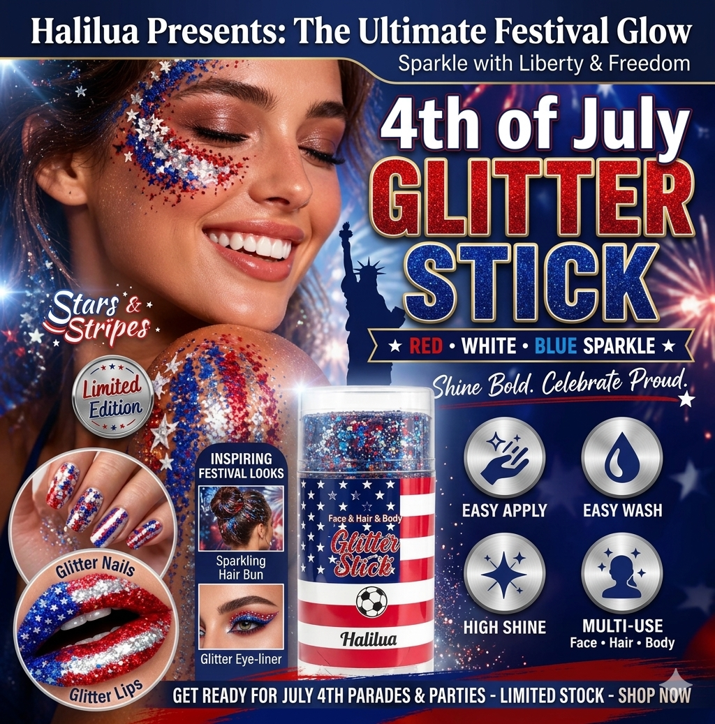 🏆 Halilua Patriotic Glitter Stick -🎉Red White & Blue Face & Body Paint for 4th of July, Game Day & Festivals - High Shine, Easy Apply & Washable🎁-LP