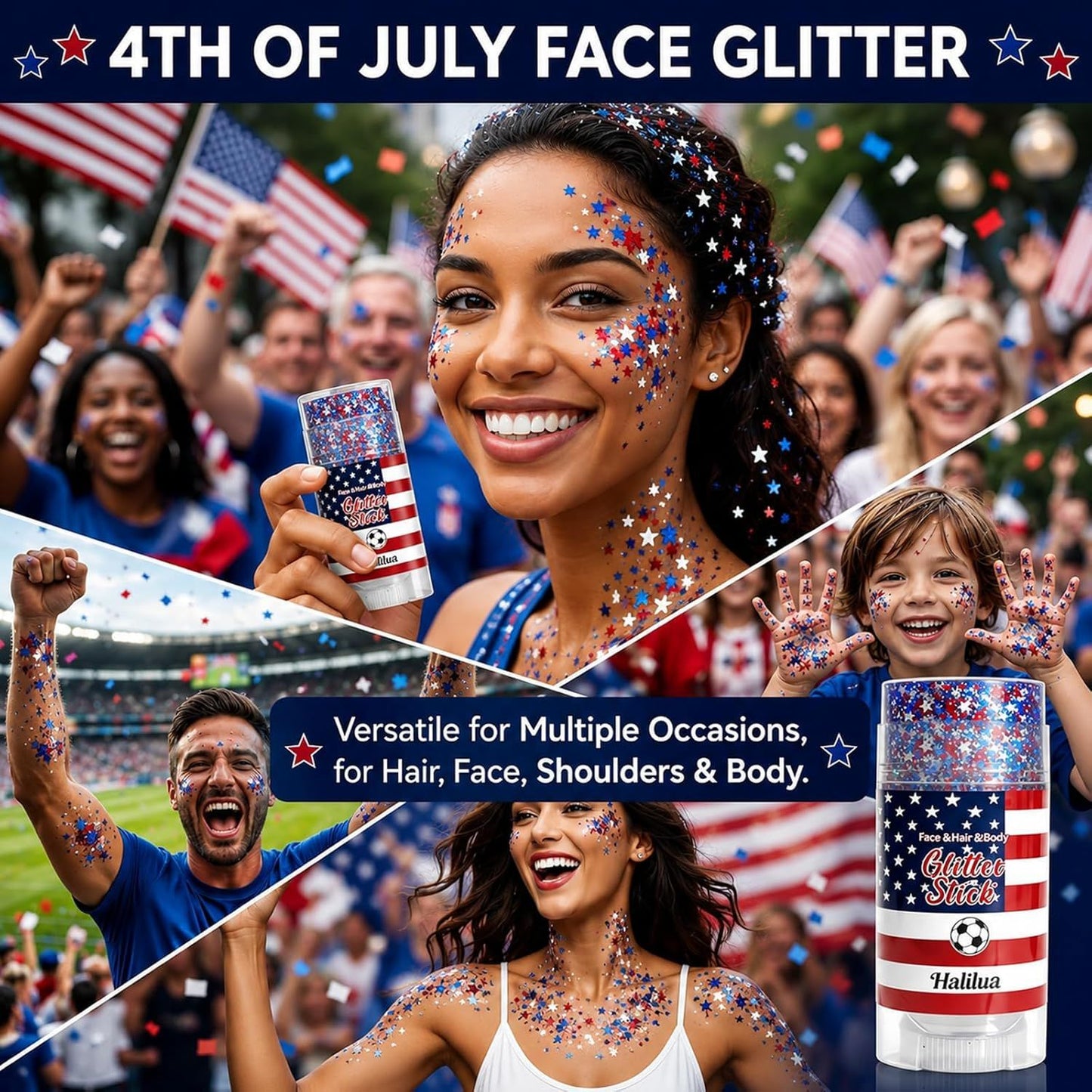 🏆 Halilua™ 4th of July Face & Body Glitter Stick – 🎉Sparkle Instantly for Parties, Fireworks, BBQs & Holiday Celebrations-LP
